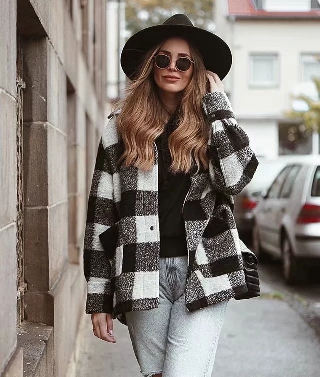 Vintage Woolen Plaid jacket women winter coat Long Sleeve oversize shirts casual work office Chic outwear 210521