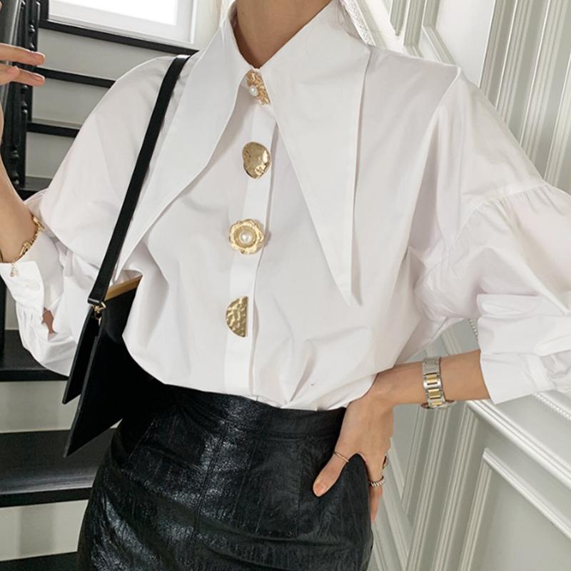Women's Blouses & Shirts 2021 Autumn Pointed Collar White Shirt Women Lantern Long Sleeve Single Breasted Office Lady Elegant Chic Casual