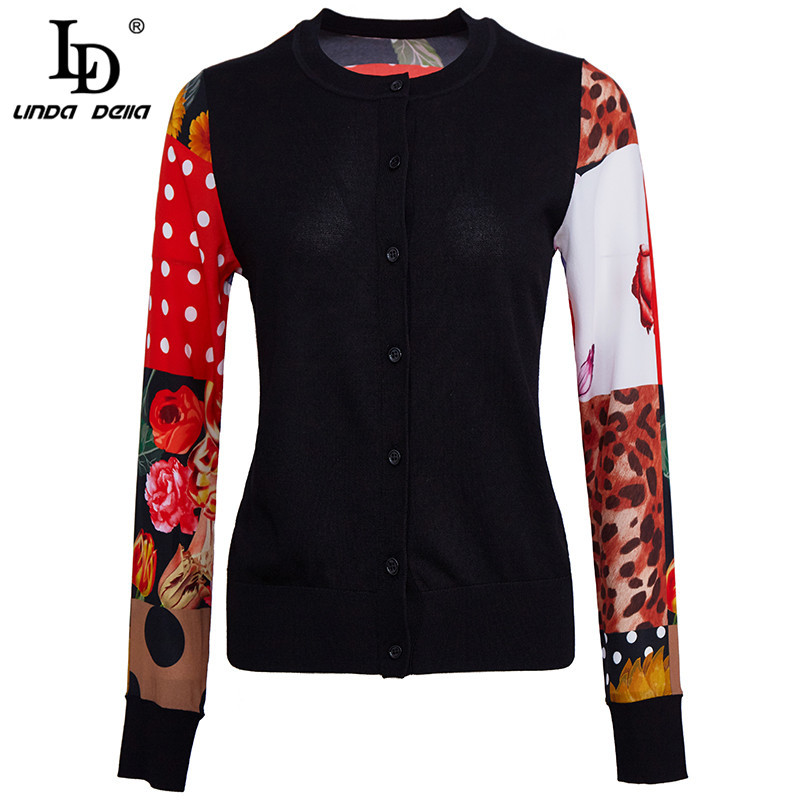 Spring Summer Runway Fashion Cardigan style knitting Tops Women's Long Sleeve Flower Print Silk Sweater 210522