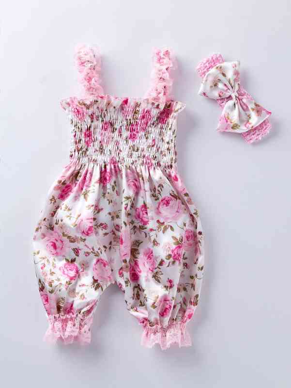 Baby Girl Allover Floral Shirred Satin Romper & Headband SHE