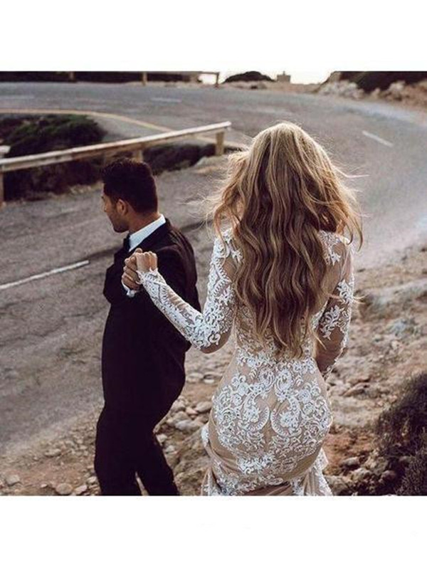 Champagne Country Mermaid Wedding Dresses with Ivory Lace Applique Long Sleeve Jewel Neck Outdoor Bohemian Fishtail Bridal Gowns