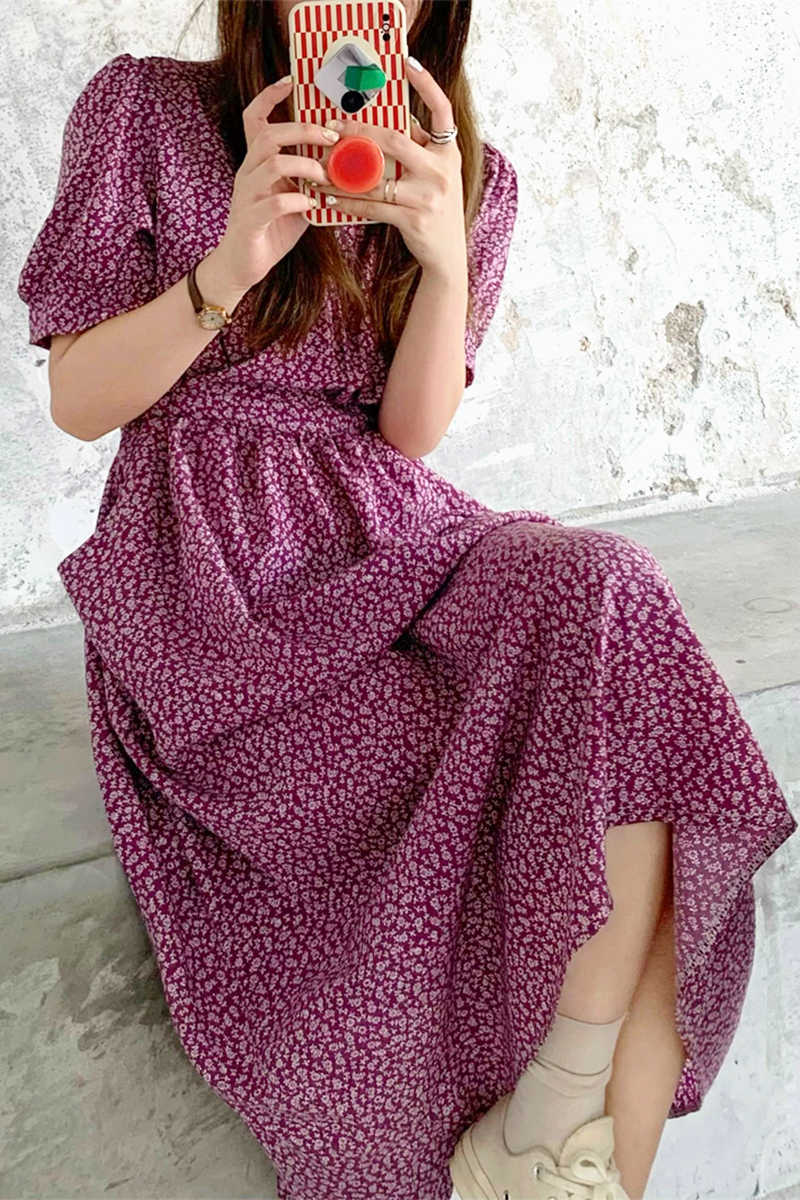 Korejpaa Women Dress Summer Korean Temperament Gentle Floral V-Neck Cross Tie Waist Slimming Pocket Puff Sleeve Vestidos 210526