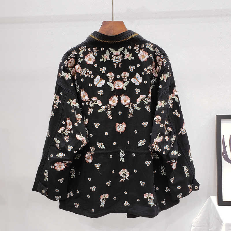 Autumn Streetwear Fashion Embroidery Flowers Beading Trench Coat Women Mid Long Tooling Drawstring Black Windbreaker Female 210914