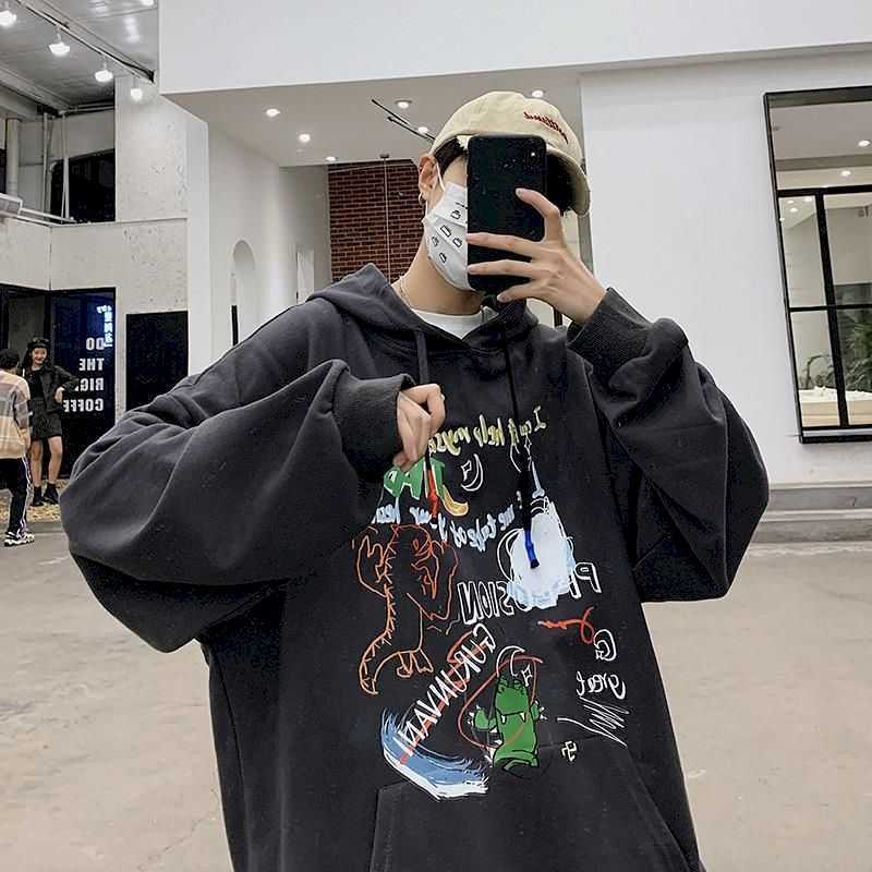 Autumn thick hooded graffiti sweater men's trend hip hop loose wild tb jacket student hoodie large size clothes 210526