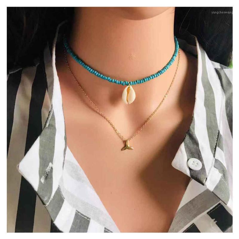 Pine Stone Beaded Natural Conch Shell Short Neck Chain. Chains