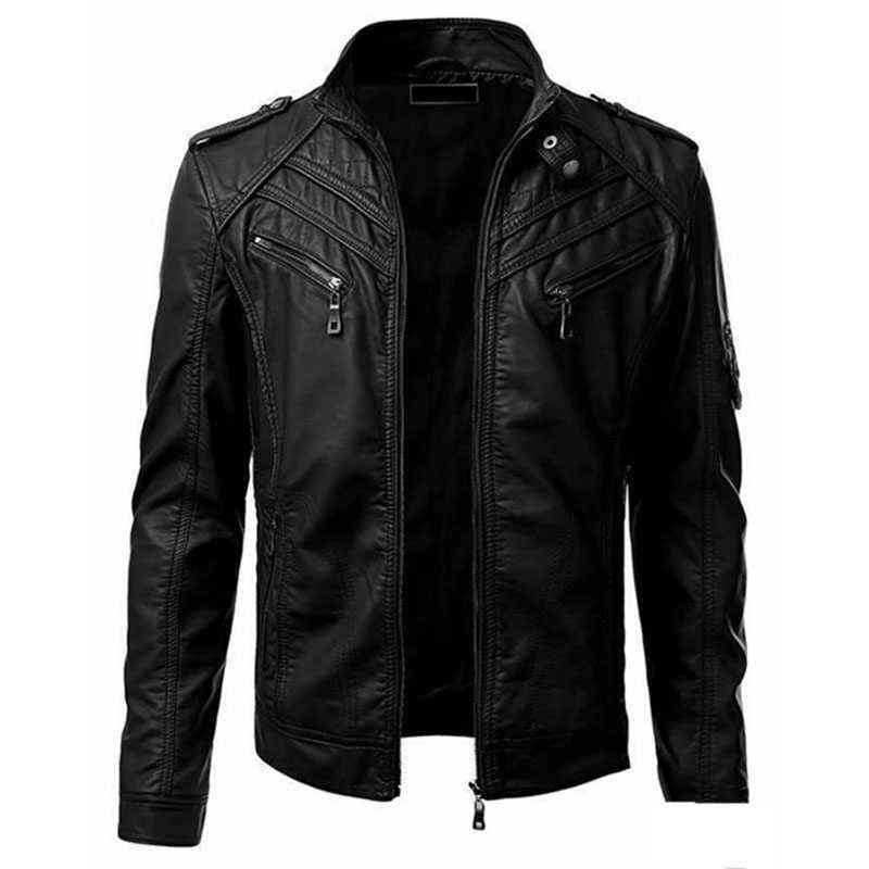 Mens Leather Jacket Slim Fit Stand Collar PU Motorcycle Jacket Lightweight 211111