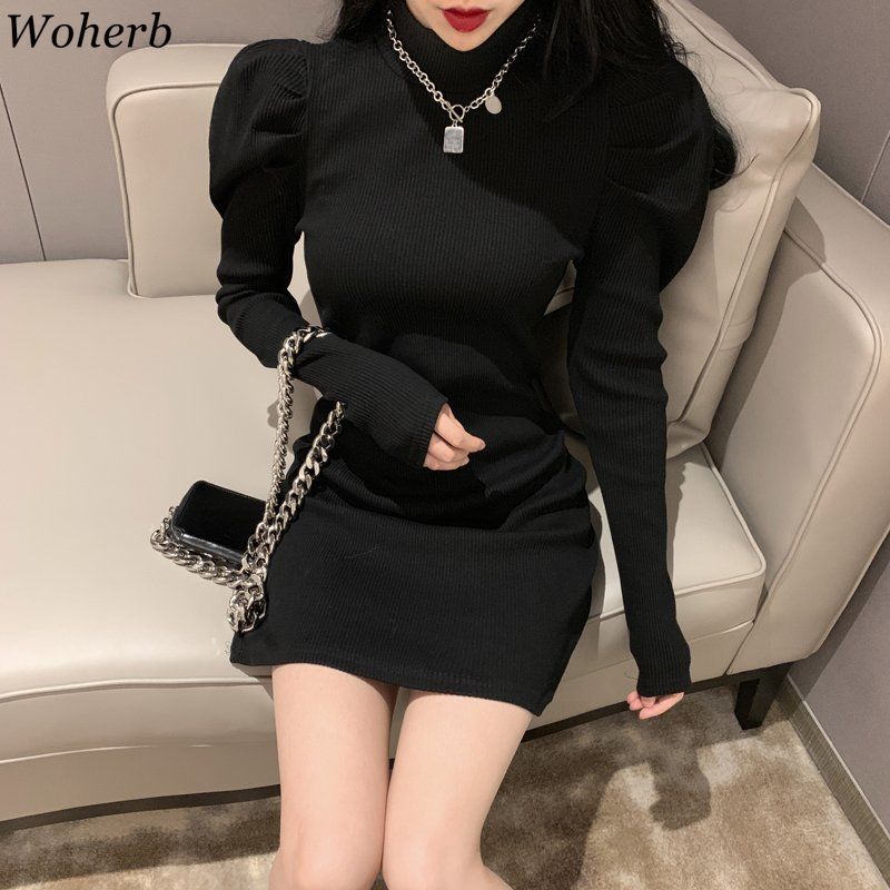Sexy Slim Bodycon Dress for Women Half Turtleneck Knit Black Mini Woman Dresses Chic Elegant Robe Puff Sleeve Vestidos 210519