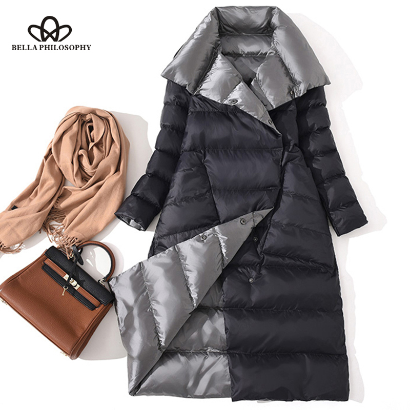 Wonder Double Sided Long Jacket Winter Turtleneck White Duck Down Coat Breasted Warm Parkas Snow Outwear 210510