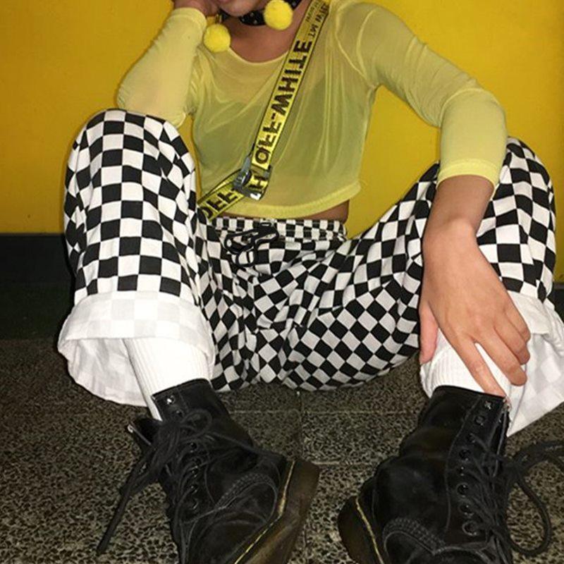 White Black Plaid Joggers Pants Men Hip Hop Retro Checkered Slim Fit Women Streetwear Ankle Zip Skinny Sweat Male Men's