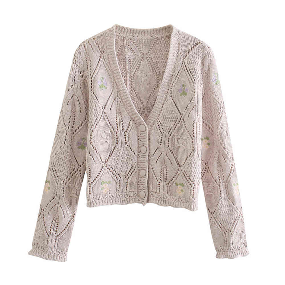 Women Flower Embroidered Knitted Jacket Spring Casual Girls Sweet Single Breasted Cardigan Coat knit Tops 210521