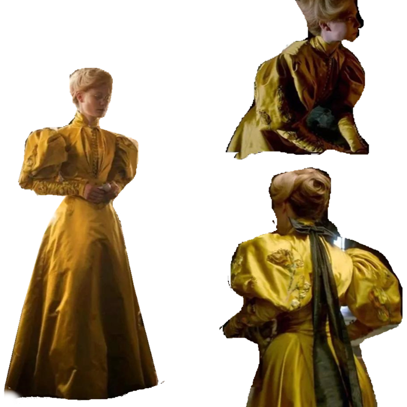 Vintage Royal Gold A Line Evening Dresses For Women Long Sleeve Puffy Crimson Peak Edwardian Historical Costume High Neck Prom Gowns Formal Occasion D