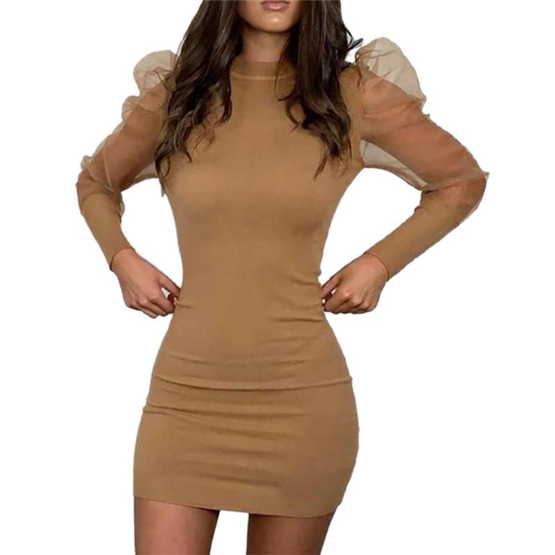Trendy Women Dress Transparent Long Puff Sleeve Round Neck Bodycon Slim Party Polyester Knitted Sexy MIni Dresses One Pieces Casual