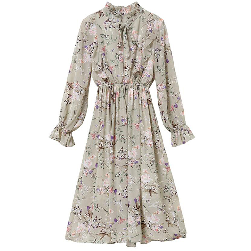 Women Flower Print A-Line Chiffon Dress Long Sleeve Ruffles Mid-Calf Party Dresses Vestidos Elastic Waist Vintage Dress 210521