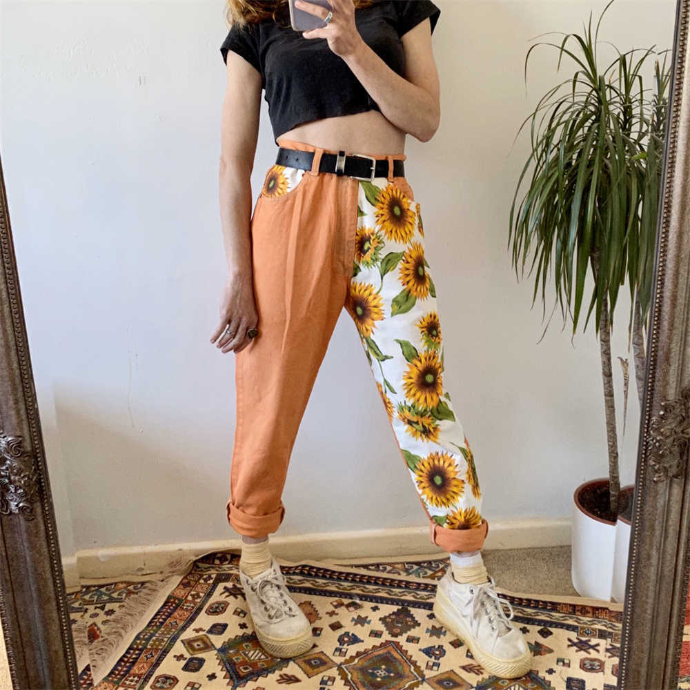 Jeans Woman Vintage High Waist Pants Fit Young Girls Cute Sunflower Stitching Pattern Autumn Winter Trousers Female Orange 210922