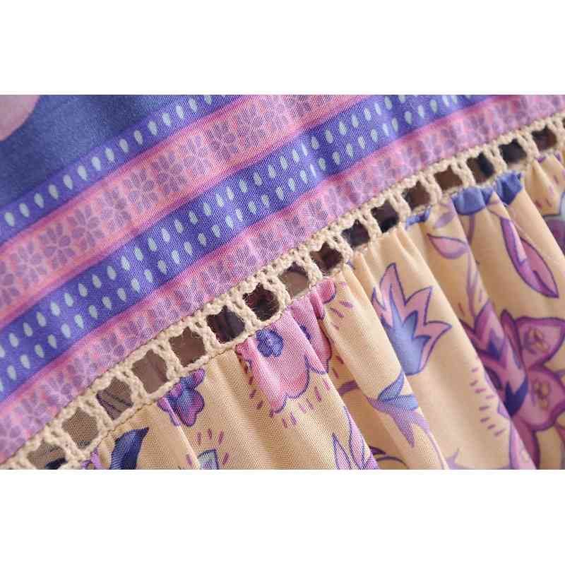 Summer Women's Boho Style Lace-Up Positioning Vintage Printing Long Sleeve Fringe Stitching Lace Dress 210514