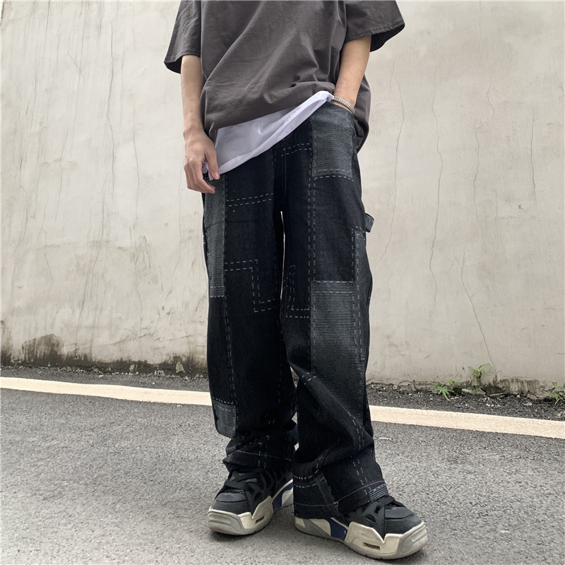 IEFB Men's Plaid Patchwork Straight Black Jeans Men's Streetwear Trend Loose Wide Leg Denim Pants Casual Trousers Y7466 210524