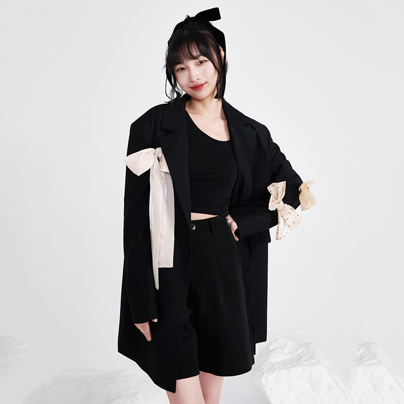 [EAM] Women Black Big Size Casual Bow Brief Blazer Lapel Long Sleeve Loose Jacket Fashion Spring Autumn 1DD7886 210512