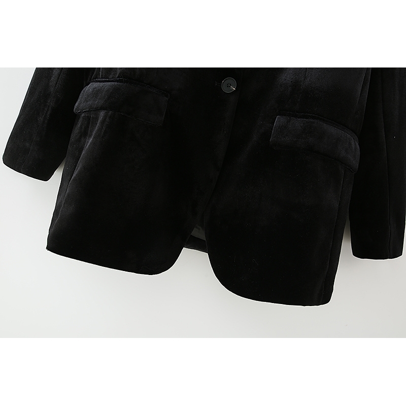 Causal Women Black Velvet Slim Jacket Fashion Ladies Single Button Blazers Streetwear Female Chic Pocket Coats 210527