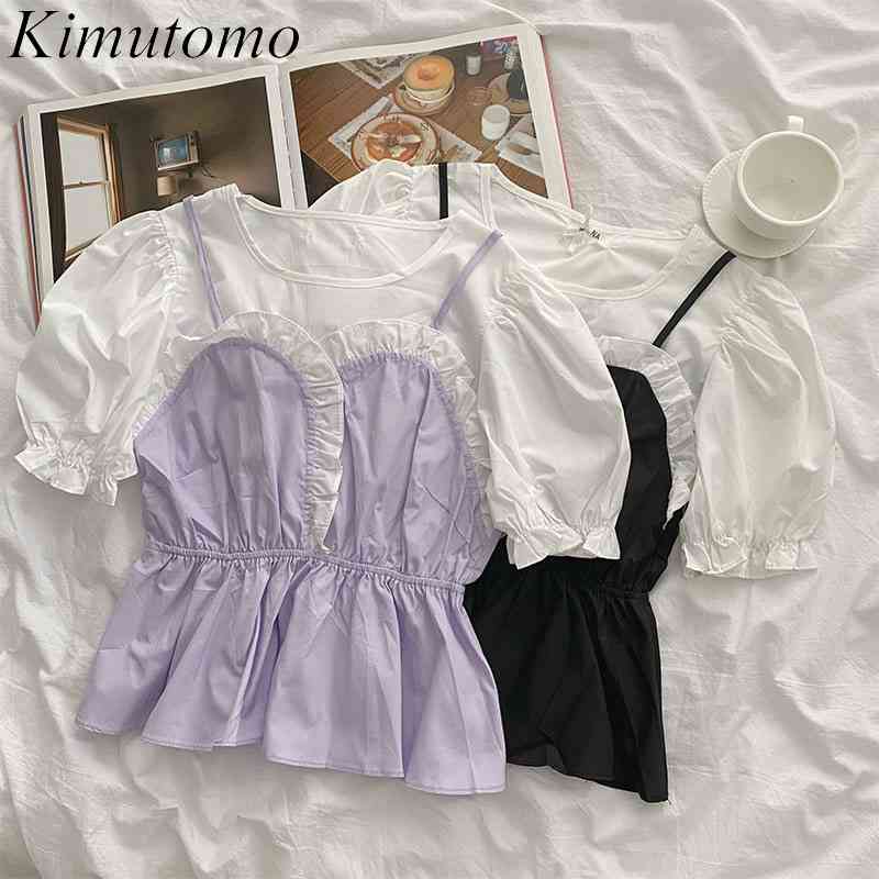 Kimutomo Patchwork Fake Two Piece Blouse Female Cute O-neck Short Puff Sleeve Slim Elastic Waist Shirt Summer Casual 210521, Purple
Kimutomo Patchwork Fake Two Piece Blouse Female Cute O-neck Short Puff Sleeve Slim Elastic Waist Shirt Summer Casual 210521, Purple