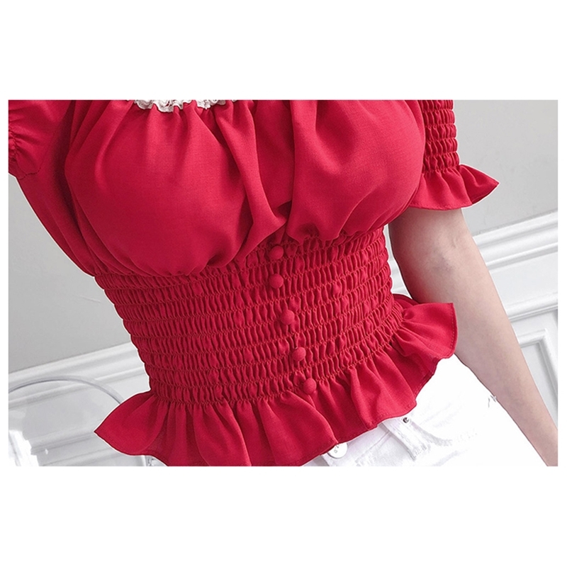 Summer Elegant Square Collar Short Puff Sleeve Blouse Female Fashion Hit Color Office Ladies Shirt 210506