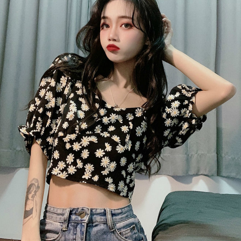 crop top women daisy Short blouse vintage summer fashion print Floral shirt Casual Chiffon blouses boho tops 210510