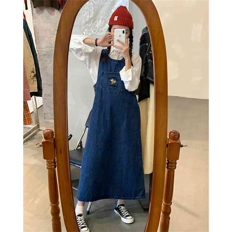 korean style autumn women loose straps denim dess female vintage embroidery long jeans tank dress womens (72808 210423