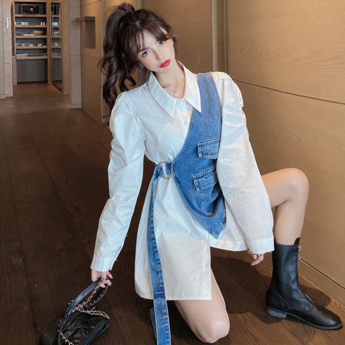 Nomikuma Irregular Korea Women 2piece Suit Vintage Belt Slim Waist Jeans Vest + Drawstring Pleated Puff Sleeve Blouse Sets 6E032 210427