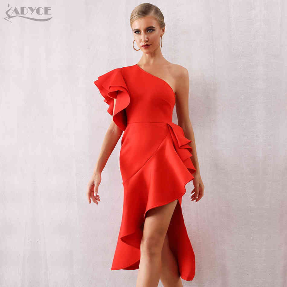 Summer Women One Shoulder Celebrity Party Dress Sexy Khaki Red Ruffles Bodycon Mermaid Club 210423