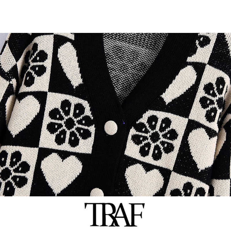 TRAF Women Fashion Jacquard Loose Knit Cardigan Sweater Vintage Long Sleeve Covered Buttons Female Outerwear Chic Tops 211011Z
