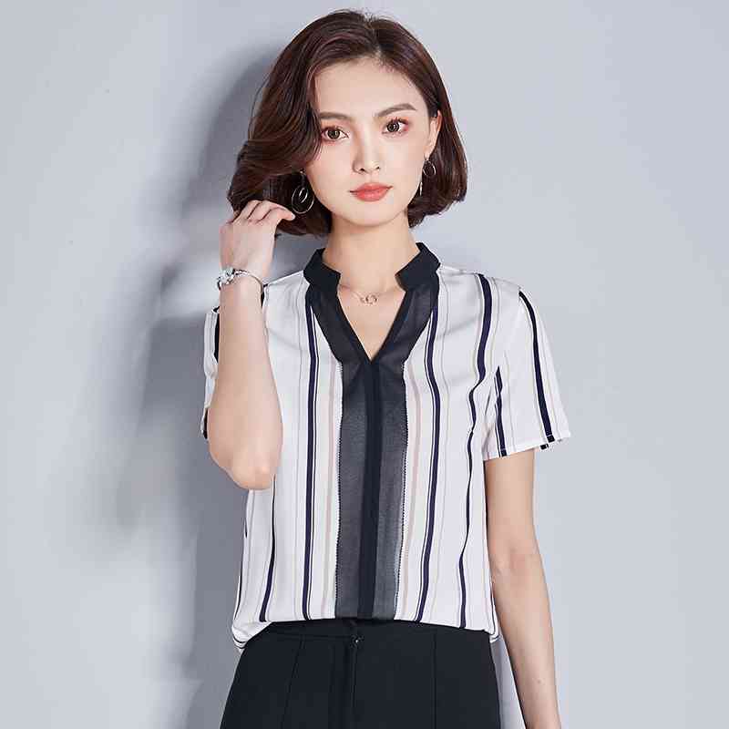 summer office lady blouses shirts short sleeved striped women clothing slim fashion chiffon 0289 40 210506