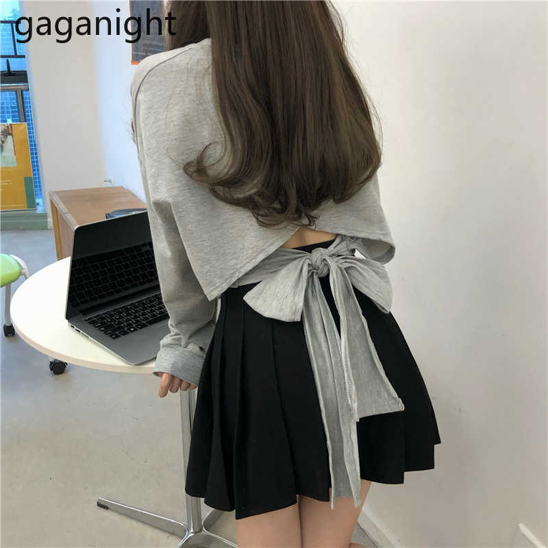 Gaganight Fashion Women Back Bow Jumper Sweet Lady Long Sleeve Hoodies Chic Korean Girls Sweatershirt Solid Crop Jumpers 210729