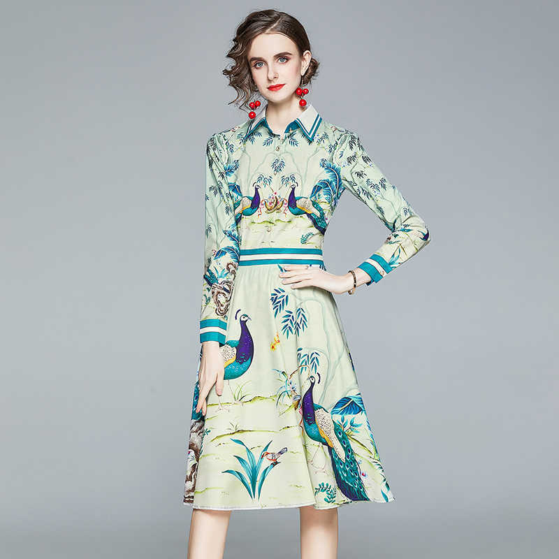 Vintage Women Turn-Down Collar Long Sleeve Party Dress Fashion Sexy Lady Elegant Slim Peacock Printed Dresses Vestidos 210525