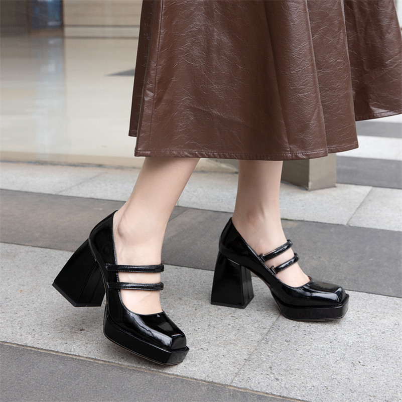 Meotina Real Leather Mary Janes Shoes Extreme High Heels Platform Block Heel Pumps Lady Square Toe Footwear White Black Size 40 210520