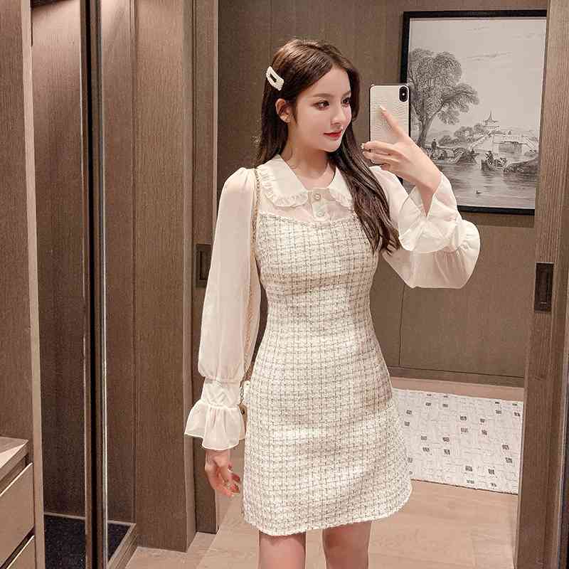 Tweed Dress Women Spring Autumn Vintage Wool Plaid Patchwork Elegant Woolen Ladies Office Vestidos 210520