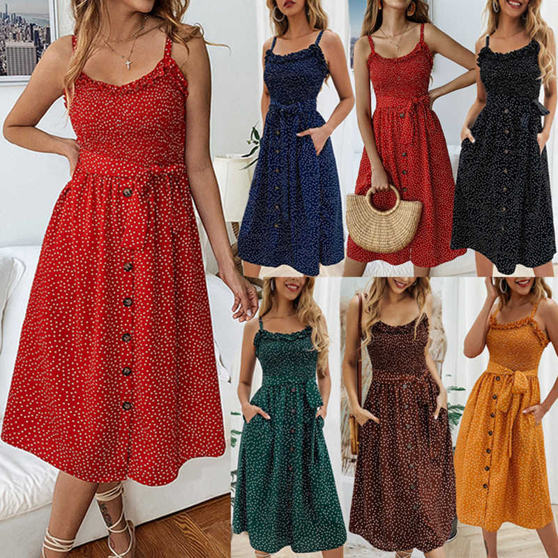 Sexy Summer Sleeveless slip Dress Women Strapless Bow Button loose bandage Pleated polka dot sundress casual Backless Vestidos 210607