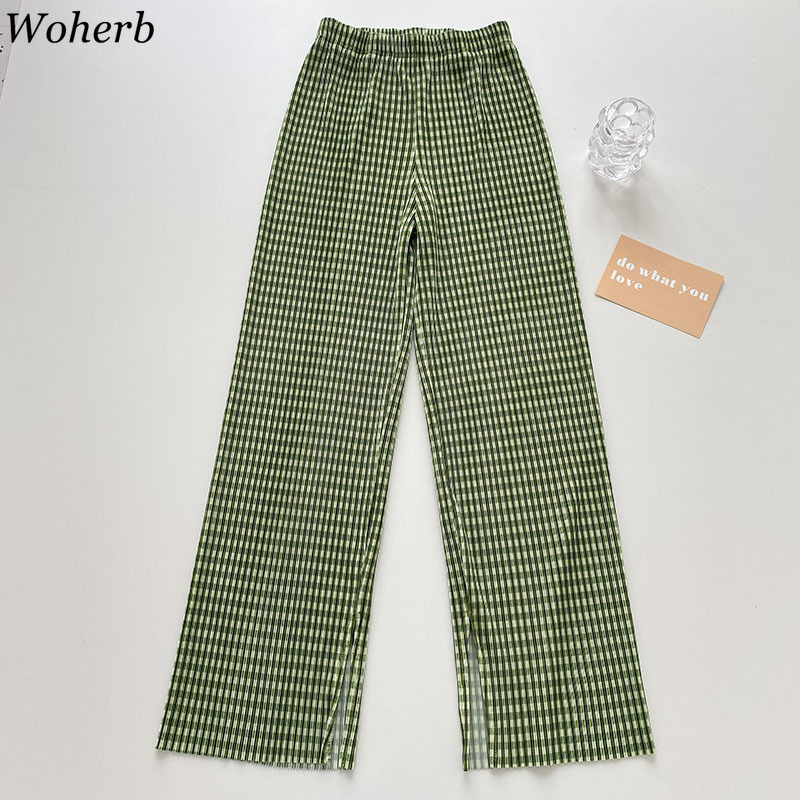 Plaid Casual Trousers Women Summer Korean Loose Elastic High Waist Wide-leg Pants Fashion Split Pleated Sweatpant 210519