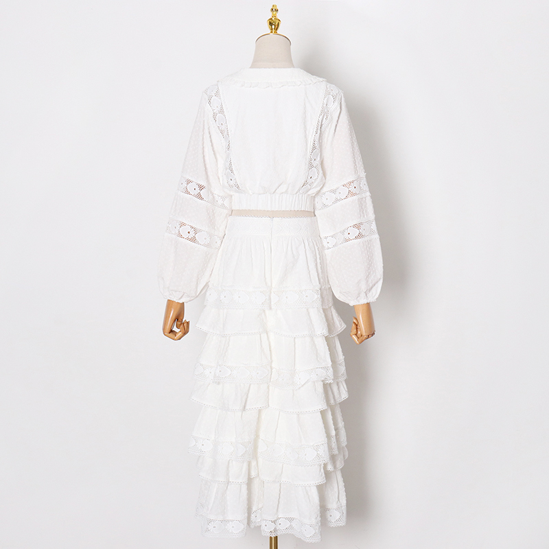 TWOTWINSTYLE Elegant Two Piece Set For Women Lapel Long Sleeve Short Tops High Waist Ball Gown Skirt Patchwork Lace Sets Female 210517