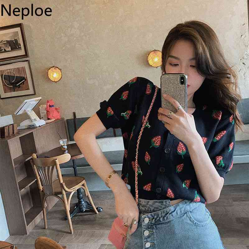 Neploe Black Knitted Cardigan Women Summer Sweet Strawberry V Neck Crop Tops Korean Fashion Thin Short Sleeve Sweater T Shirt 210422