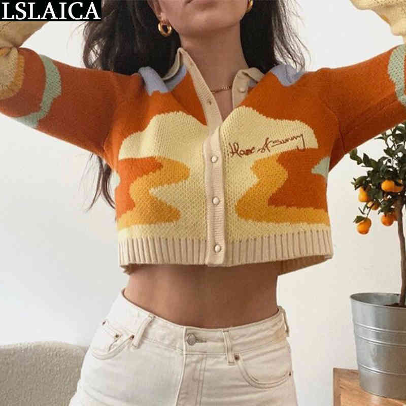 Woman Sweaters Fashion Long Sleeve Turn-down Collar Female Short Yellow Top Fall Women Casual Cropped Cardigan Sweater 210520