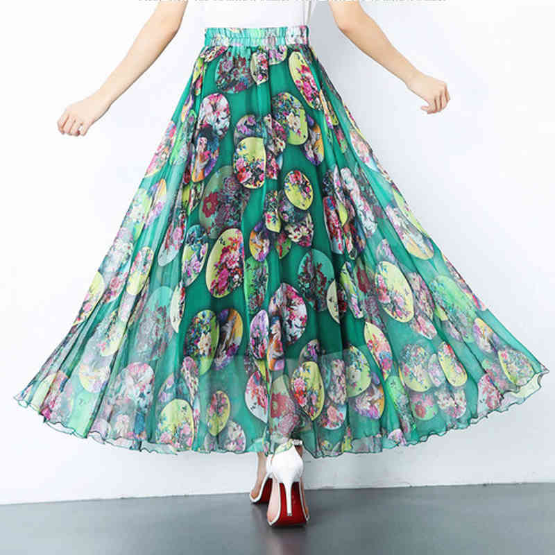 Summer High Waist A- Line Skirt Slim Fit Large Size Printed Chiffon Bohemian Holiday Big Swing 8826 50 210427