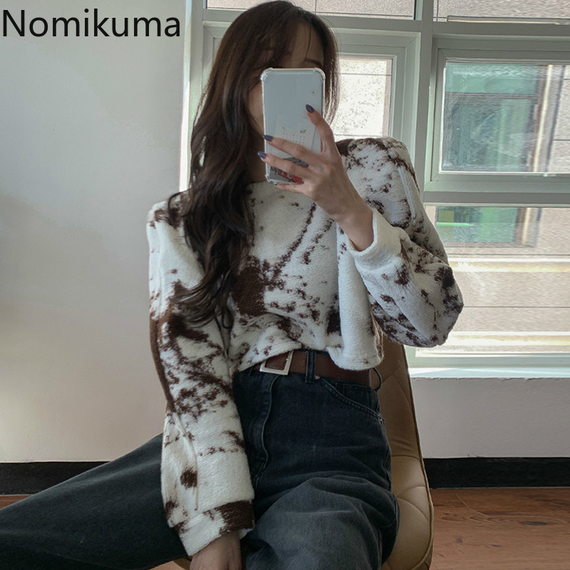 Nomikuma Korean Ink Tie-dye Printing Pullover Short Sweatshirt Long Sleeve O-neck Hoodies Autumn Winter Women Jumper 6D438 210427