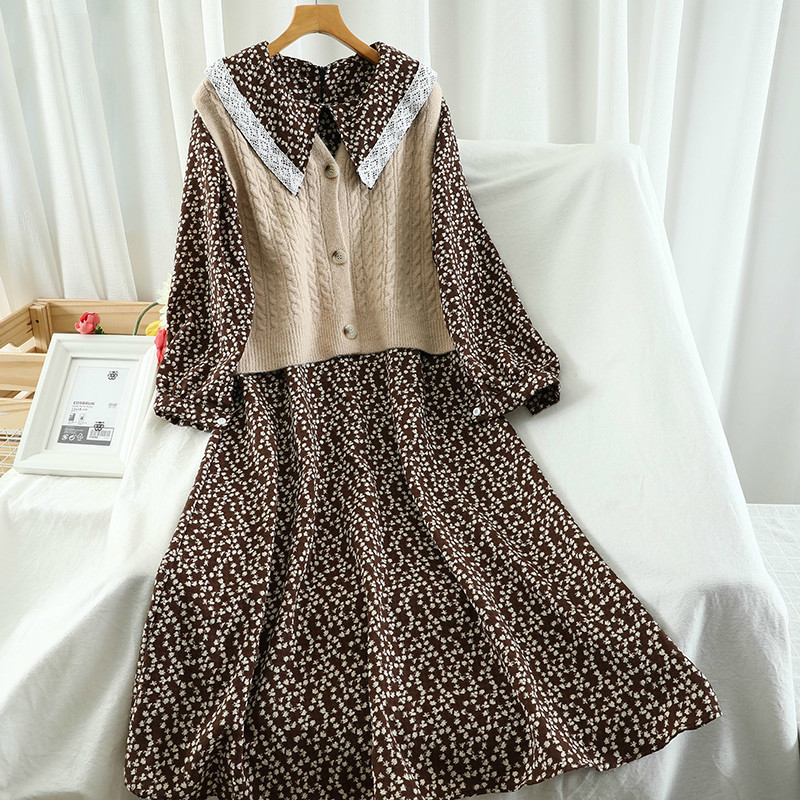 Neploe Vintage Suit Peter Pea Collar Chic Floral Print Dress Single Breasted Knitted Vest Preppy Style 2 Piece Set 94491 210422