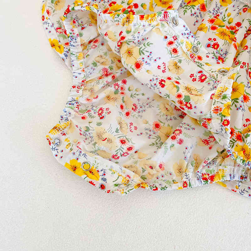 Baby Girls Yellow Flower Rompers Kids Clothing Spring Autumn Toddler Girl Long Sleeve Printing 210429