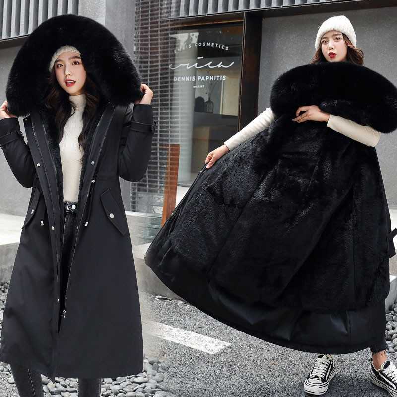 LY VAREY LIN Winter Long Coat Women Warm Thickness Hooded Parkas Plus Size Large Fur Collar Embroidery Jackets Padded Coats 210526