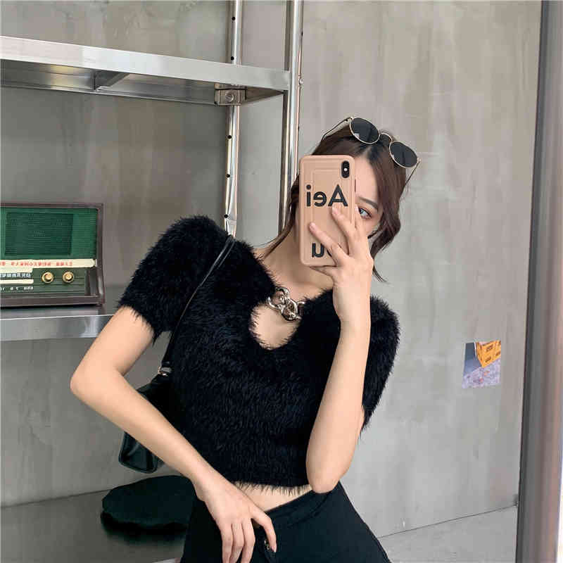Women Short Slim Pullover Sexy Chain V-neck Cropped Sweater Chic Female Korean Mohair Sleeve Ladies Jumper 210519