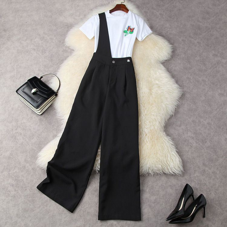 Women's Two Piece Pants European and American women's wear for spring Short sleeved embroidered T-shirt One-shoulder suspenders Fashion suits QB3M, Black
Women's Two Piece Pants European and American women's wear for spring Short sleeved embroidered T-shirt One-shoulder suspenders Fashion suits QB3M, Black