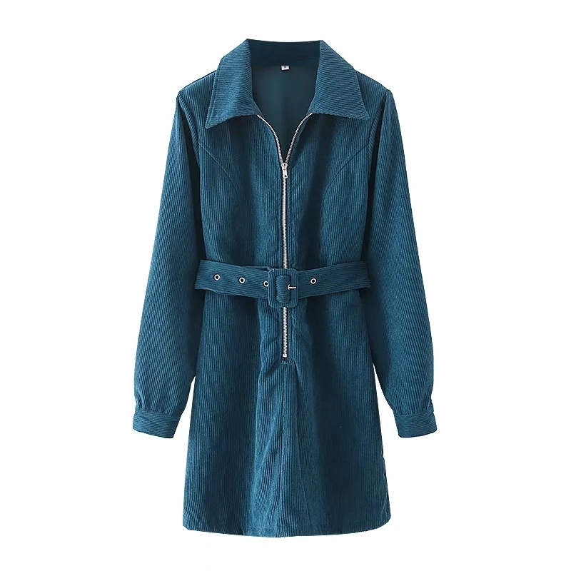 Fashion Women Zipper Decoration Sashes Corduroy Mini Dress Female Long Sleeve Clothes Casual Lady Loose Vestido D7169 210430