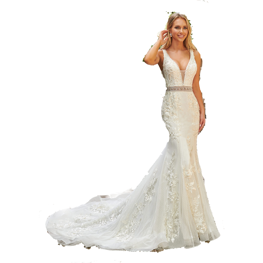 Glamorous Fit Flare Swiss Dot Wedding Dress with A Plunging V-Shaped Neckline And Sheer Beaded Waistband