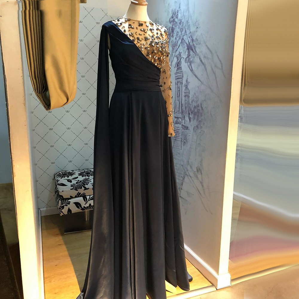 Saudi Arabic Green A Line Formal Evening Dresses Long Sleeve 2021 Luxury Crystals Beaded One Shoulder Satin Women Prom Party Gowns Pageant Dress