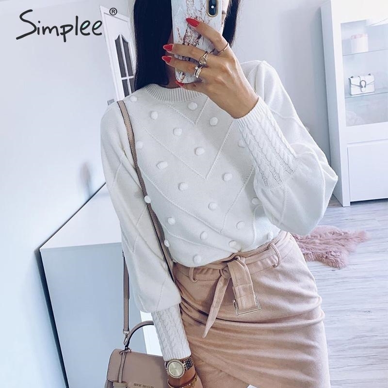 Elegant fur pompon women sweater Autumn winter lantern sleeve knitted sweater female Streetwear ladies pullover jumper 210805